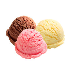 Strawberry, vanilla, chocolate different flavor ice cream scoops side view on white background