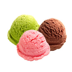 Strawberry, chocolate, pistachio, green tea or mint ice cream scoops isolated on white background.