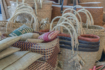 Obraz premium Colorful Thai style bamboo wooden wicker,basket and bag.Thai handicraft and wicker.