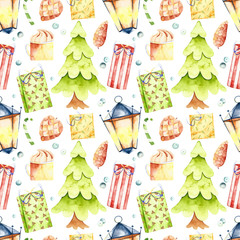 Watercolor winter seamless pattern. Handpainted  watercolor christmas pattern with spruce, berries, gifts, lamp and fir cones. Perfect for you postcard design,wallpaper,christmas print,packaging etc. - 235892190