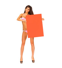 Sexy girl in bikini making an announcent