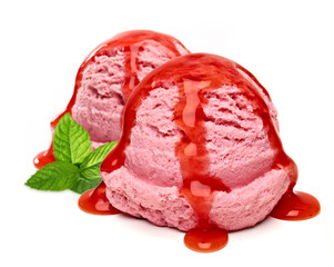 Strawberry Ice Cream Scoop with sauce or sorbet side view Isolated On White Background