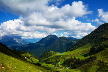 Fototapeta na wymiar Beautiful panorama on the two hours trail to Wildseeloder house and Wildsee lake, historical and nature reserve place in Alps, Fieberbrunn, Austria