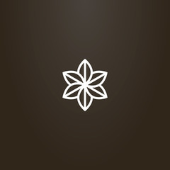 white sign on a black background. vector geometric line art sign of a six-leafed flower