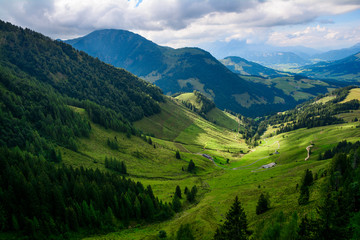 Fototapeta na wymiar Beautiful panorama of alps mountains from gondola lift near Fieberbrunn, Austria. 