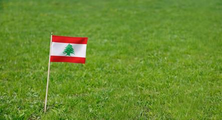 Lebanon flag. Photo of Lebanese flag on a green grass lawn background. Close up of national flag waving outdoors.