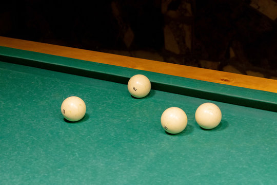 Billiard balls on a green pool table.