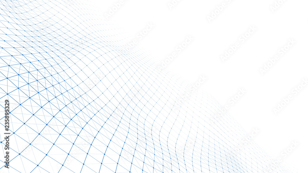 Poster wave of particles on white background. abstract interlacing lines and points. digital connection of 