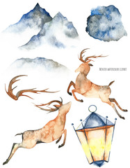 Watercolor winter elements. Handpainted  watercolor clipart with deers, mountains, moons, silhouette birds, trees, lamp, deer horns and background. Perfect for you postcard design, wallpaper, print, i - 235895301