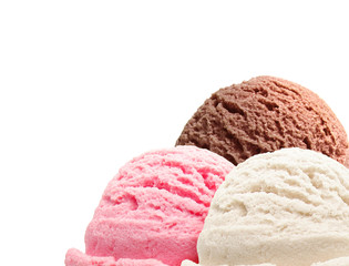 Strawberry, vanilla, chocolate different flavor ice cream scoops side view on white background
