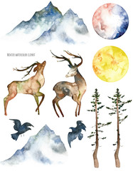 Watercolor winter elements. Handpainted  watercolor clipart with deers, mountains, moons, silhouette birds, trees, lamp, deer horns and background. Perfect for you postcard design, wallpaper, print, i - 235895314