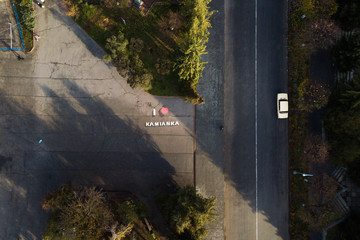 Aerial: Small town of Kamianka in Ukraine, autumn time