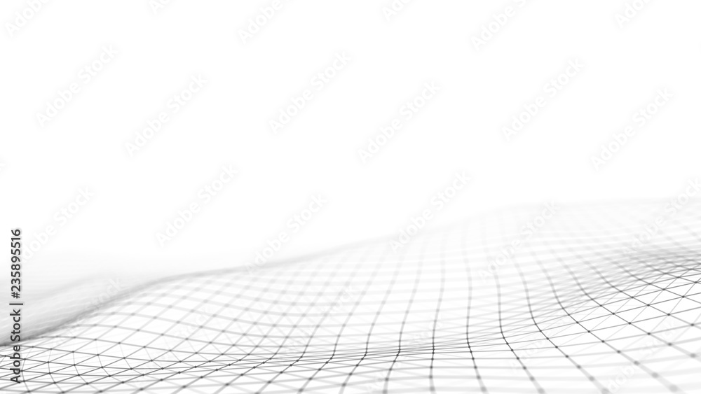 Poster wave of particles on white background. abstract interlacing lines and points. digital connection of 