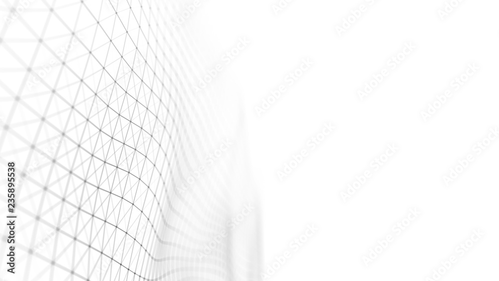 Poster wave of particles on white background. abstract interlacing lines and points. digital connection of 