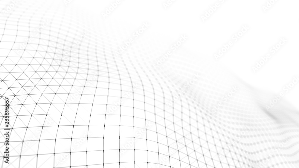 Poster wave of particles on white background. abstract interlacing lines and points. digital connection of 