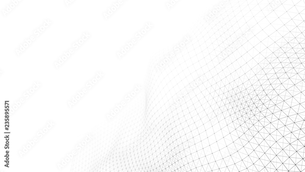 Poster wave of particles on white background. abstract interlacing lines and points. digital connection of 