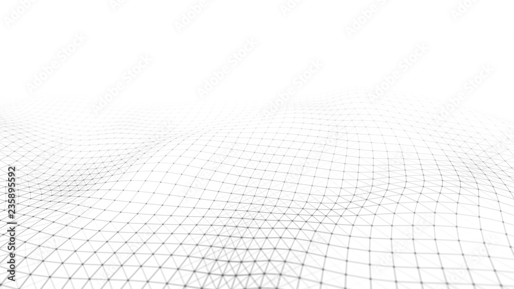 Poster wave of particles on white background. abstract interlacing lines and points. digital connection of 