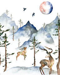 Watercolor winter card. Handpainted  watercolor card with deers, mountains, moon, silhouette birds, trees. Perfect for you postcard design, wallpaper, print, invitations, packaging etc. - 235895537