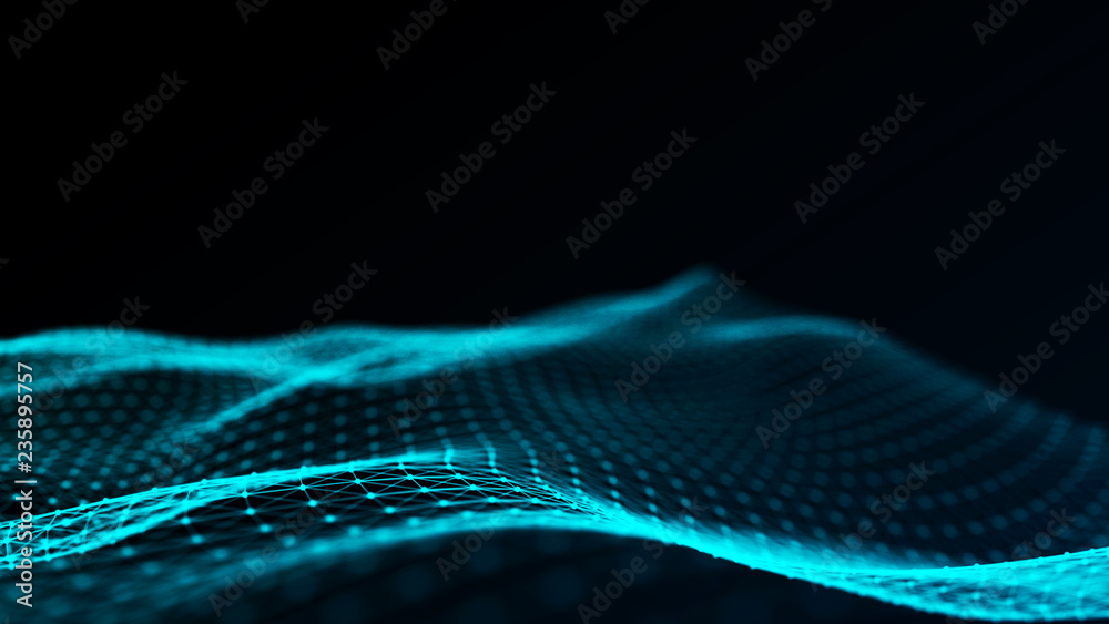 Wall mural Abstract futuristic wave background. Wave of particles. Wave with connecting dots and lines. 3d rendering. - Wall murals