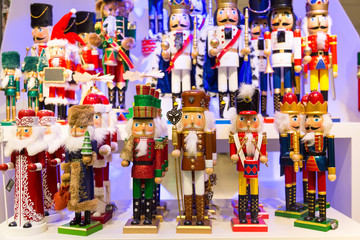 Colorful Christmas toys nutcrackers at a traditional Christmas shop in Frankfurt, Germany.