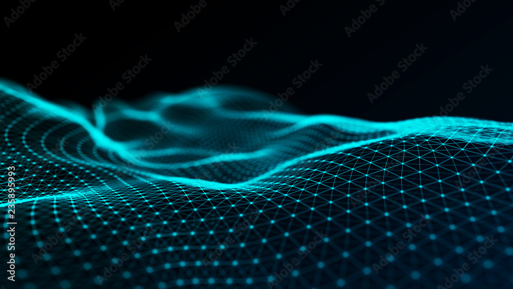 Poster abstract futuristic wave background. wave of particles. wave with connecting dots and lines. 3d rend
