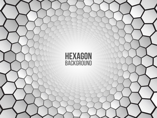 Perspective grid hexagon tunnel. Abstract background with white shapes. Vector illustration.