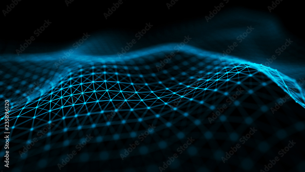 Poster Abstract futuristic wave background. Wave of particles. Wave with connecting dots and lines. 3d rendering.