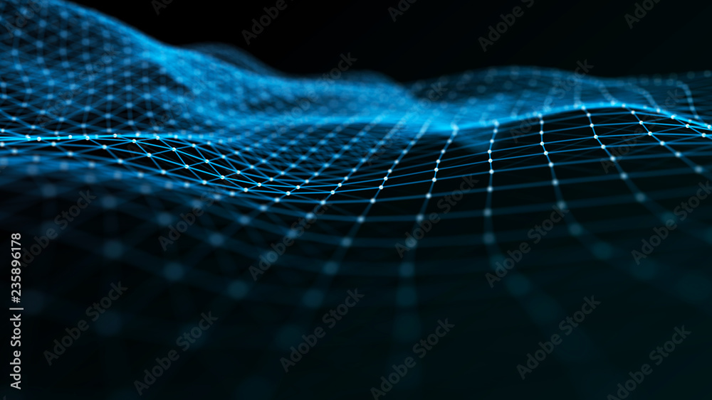 Wall mural abstract futuristic wave background. wave of particles. wave with connecting dots and lines. 3d rend