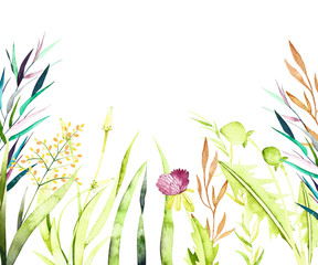 Watercolor wild herb frame. Handpainted  watercolor clipart of wild herbs and flowers. Use for postcard design, print, invitations, wedding invitation, packaging and more. - 235896350
