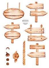 Watercolor wooden elements. Handpainted  watercolor clipart of wood pointers, board and rope. Use for postcard, print, invitations, packaging, lettering, billboard etc. - 235896950