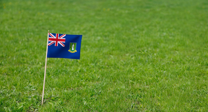 British Virgin Islands flag. Photo of British Virgin Islands flag on a green grass lawn background. Close up of national flag waving outdoors.