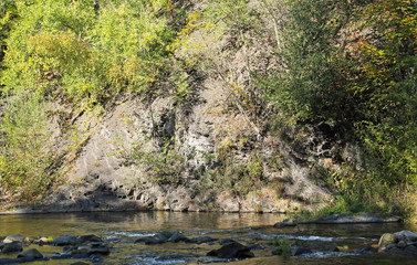 rock at Ostravice river with some trees in autumn, Czech Republic