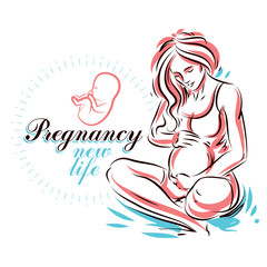 Pregnant female beautiful body outline, mother-to-be drawn vector illustration. Gynecology and pregnancy medical care clinic promotion leaflet