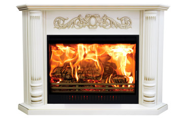 Burning classic fireplace of white marble. Isolated on white