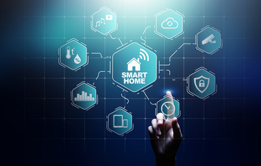 Smart home control panel on virtual screen. IOT and Automation technology concept.