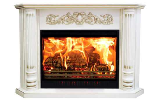 Burning classic fireplace of white marble. Isolated on white