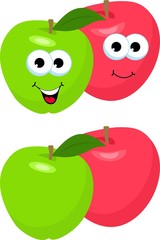 Set of Apples with leaf. Cute and funny red and green apple character, mascot, decoration element, cartoon vector illustration isolated on white background. Concept of health care