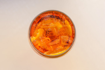 Glass of aperol spritz cocktail. Top view
