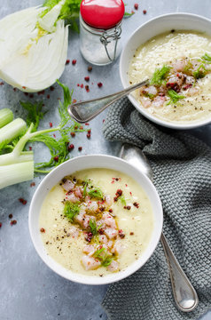 Creamy fennel soup with swordfish tartare