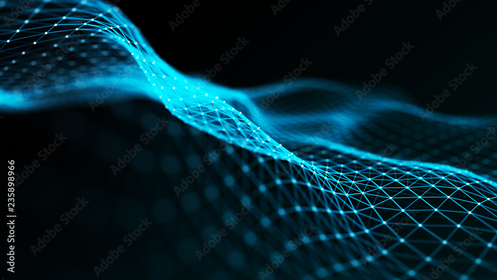 Poster Abstract futuristic wave background. Wave of particles. Wave with connecting dots and lines. 3d rendering.