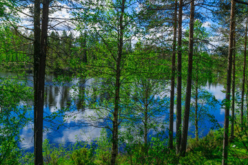 Landscape of lakes and reflections in Lapland