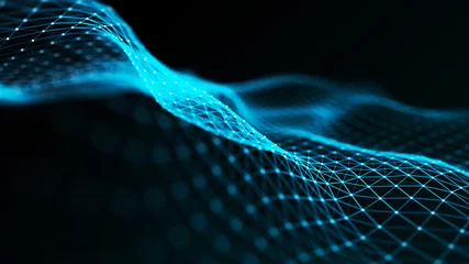 Fototapeten Abstrakter futuristischer Wellenhintergrund. Welle von Teilchen. Welle mit verbindenden Punkten und Linien. 3D-Rendering. © Tetiana