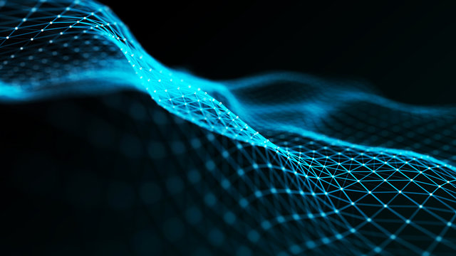Abstract futuristic wave background. Wave of particles. Wave with connecting dots and lines. 3d rendering.