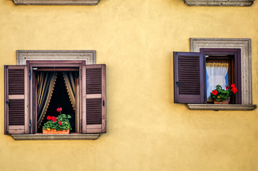 Beautiful, decorated with flowers, wooden windows of one of the houses in the city of Nemi in the vicinity of Rome. Italy.
