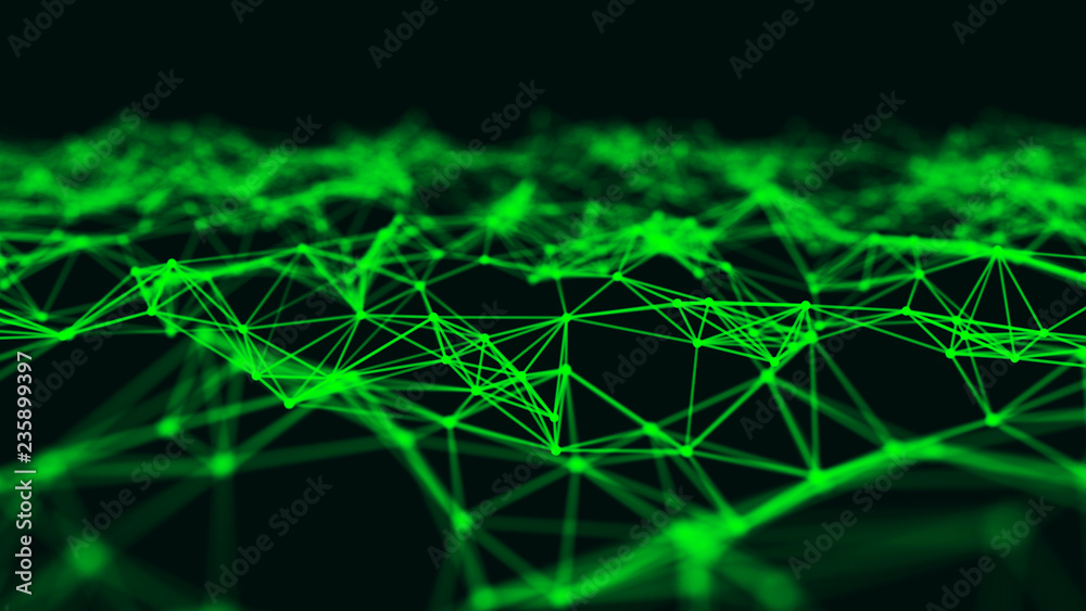 Poster Abstract interweaving of points and lines of green shade. Visualization of particles form of waves. Large data background .3d rendering.