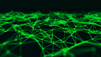 Fototapety  Abstract interweaving of points and lines of green shade. Visualization of particles form of waves. Large data background .3d rendering.