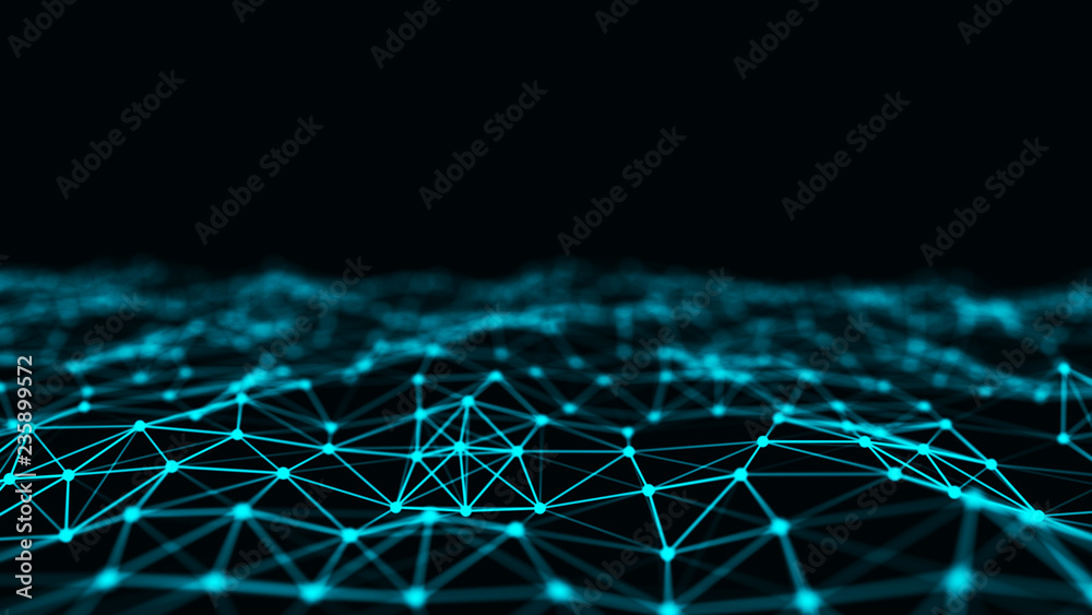 Poster abstract interweaving of points and lines of green shade. visualization of particles form of waves. 