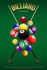 Billiard tournament poster template. Different falling billiard balls and two crossed cues on green background. Vector billiard illustration.