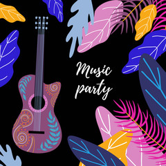 Guitar and Bright tropical leaves with flowers on black background and text. Hand drawing flat doodles vector illustration, template for flyers and cards