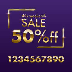 Golden Sale sign template. Vector golden This weekend Sale text with numbers for discount offer isolated on purple background.